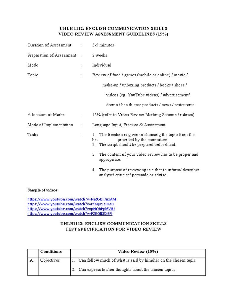 Video Review Assessment Guidelines | PDF | Rubric (Academic) | You Tube