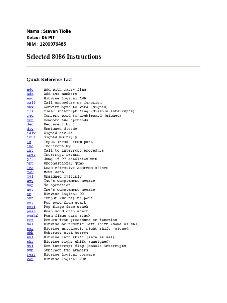 8086 Instruction Quick Reference | PDF | Assembly Language | Computer ...