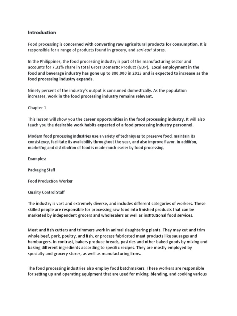 Chapter 1 Food Processing Staff PDF Foods Food Industry
