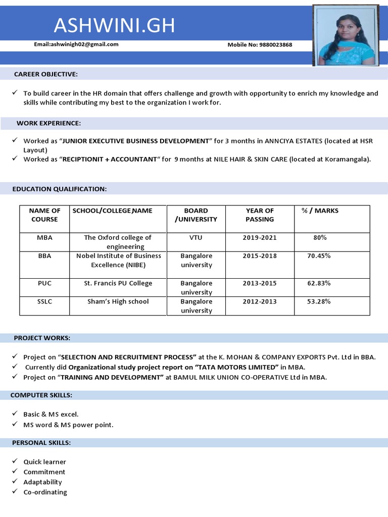 Ashwini GH (Resume) 1 | PDF | Master Of Business Administration | Cognition