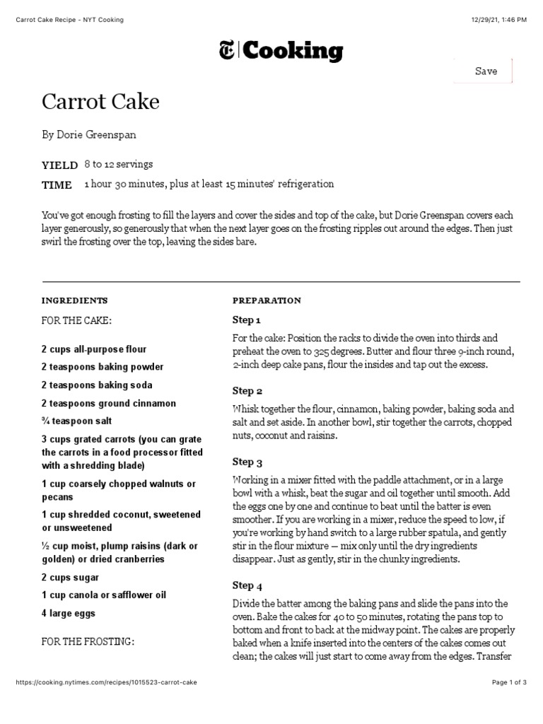 Carrot Cake Recipe NYT Cooking PDF Cakes Icing (Food)