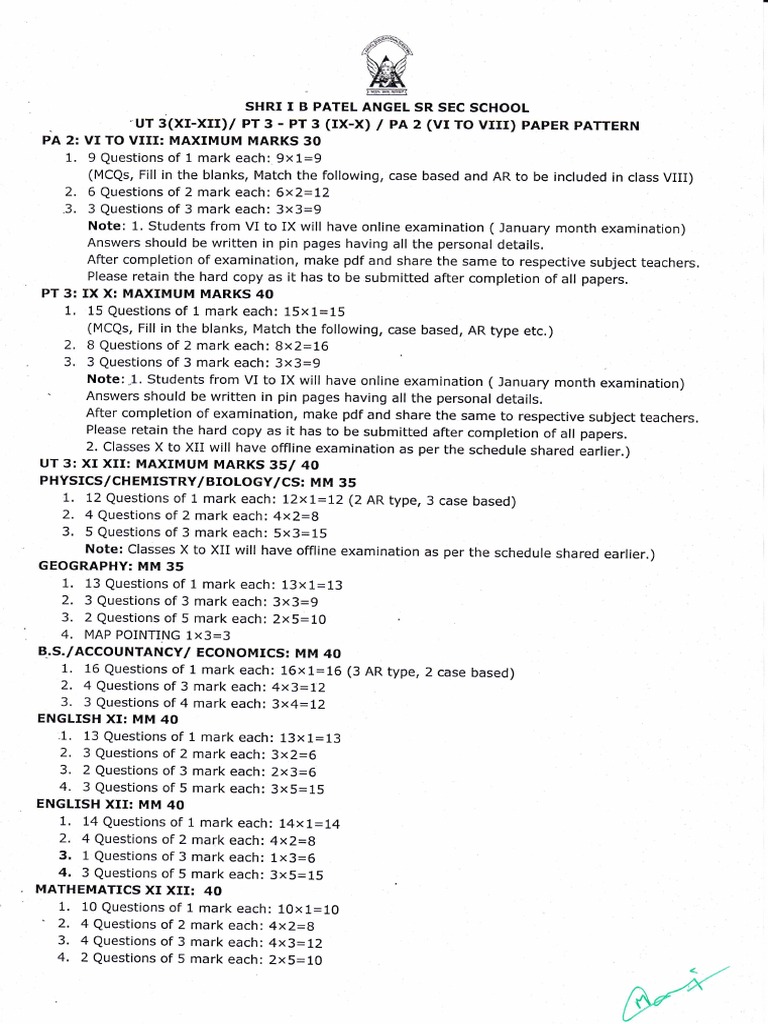 Exam Paper Pattern for Shri I B Patel School | PDF