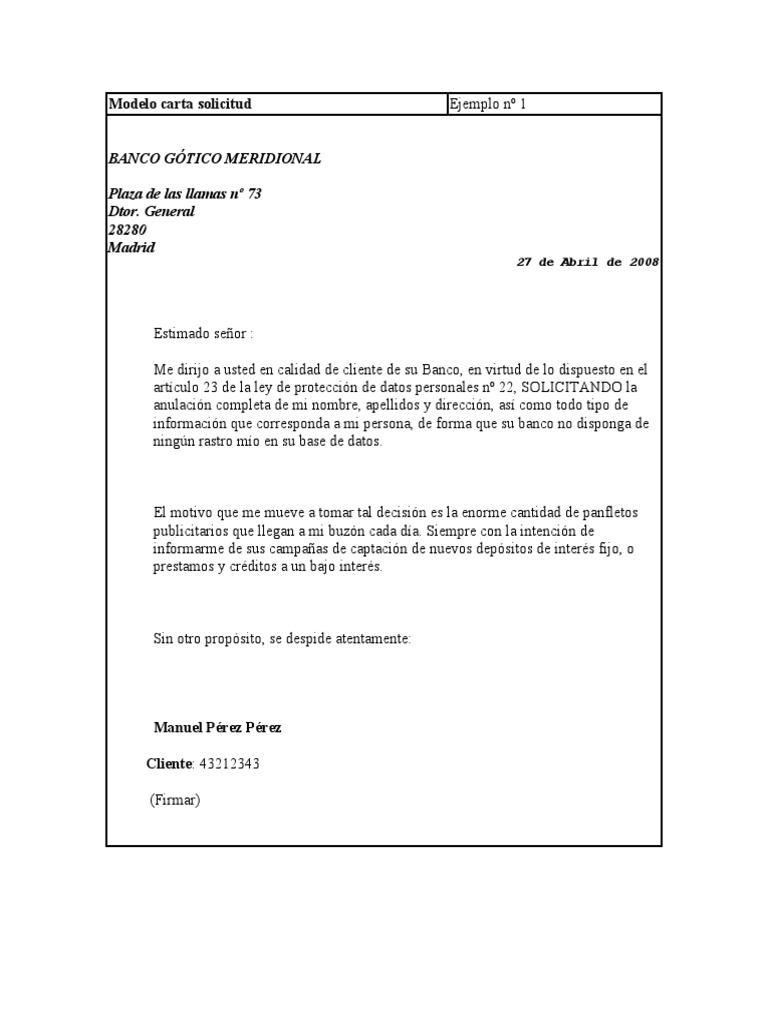 Modelo Carta Solicitud | PDF | Privacidad de la información | Bancos