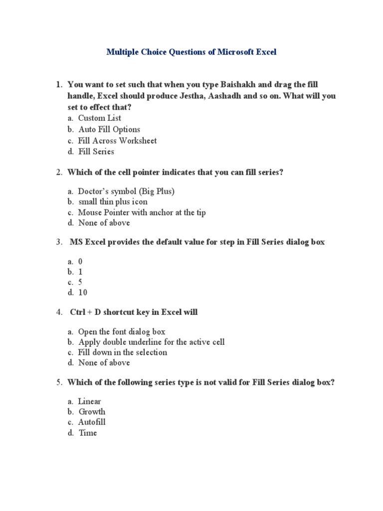 Multiple Choice Questions of Microsoft Excel | PDF | Microsoft Excel | Red