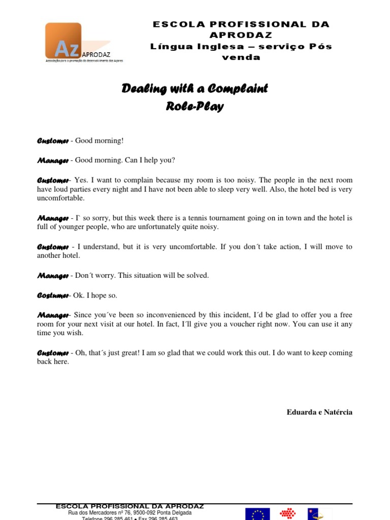 Dialogue Dealing With a Complaint Role-Play Dialogue Dealing With a Complaint Role-Play