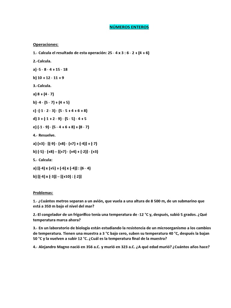 Operaciones y Problemas con Números Enteros | PDF | Métodos y ...