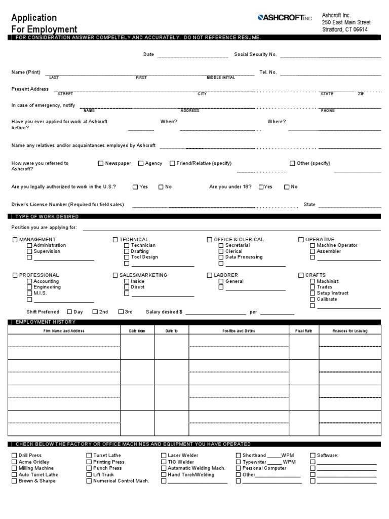 Application For Employment Ashcroft Inc. 250 East Main Street