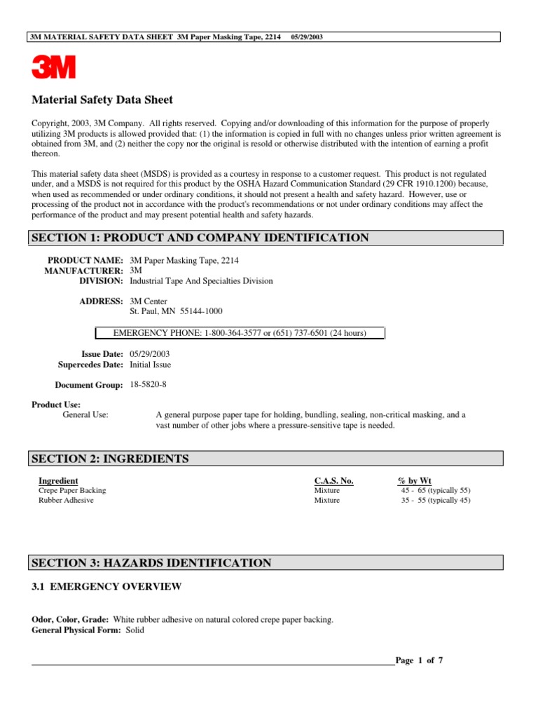 3M MATERIAL SAFETY DATA SHEET 3M Paper Masking Tape, 2214 PDF