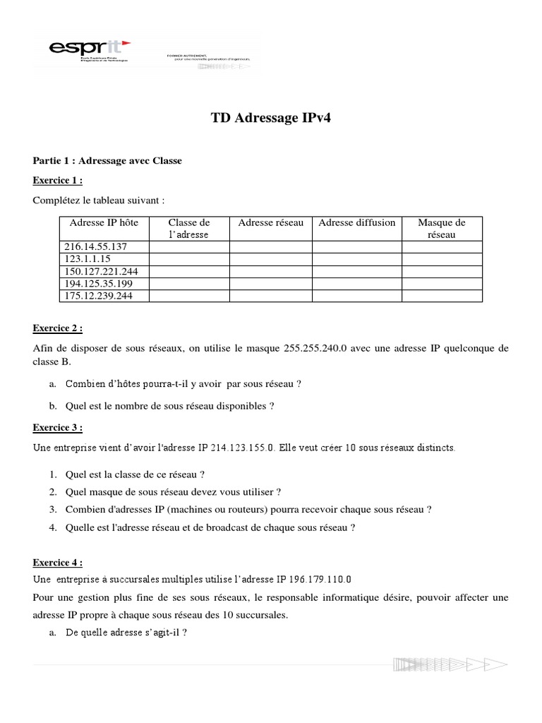 TD sur l'Adressage IPv4 et VLSM | PDF | Adresse IP | Protocoles Internet