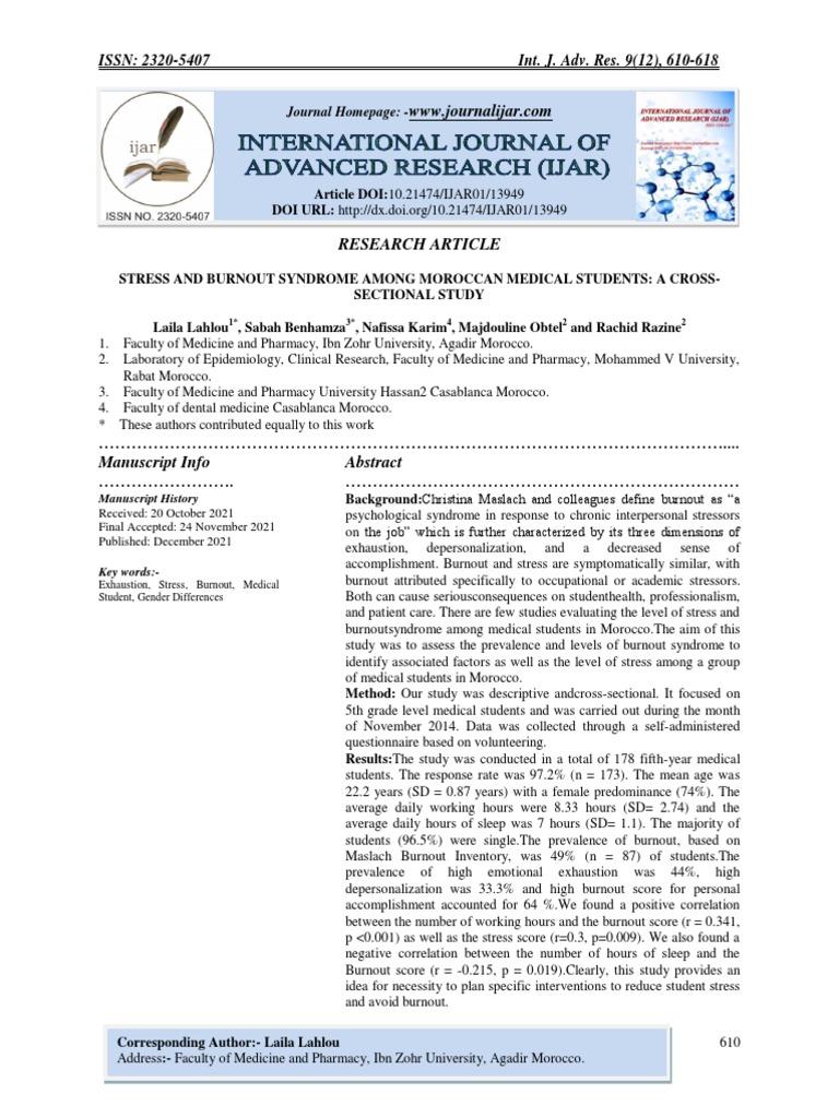Burnout and Stress in Moroccan Medical Students | PDF | Occupational ...