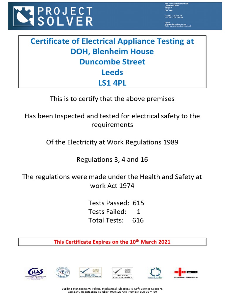 Certificate of Electrical Appliance Testing at DOH, Blenheim House