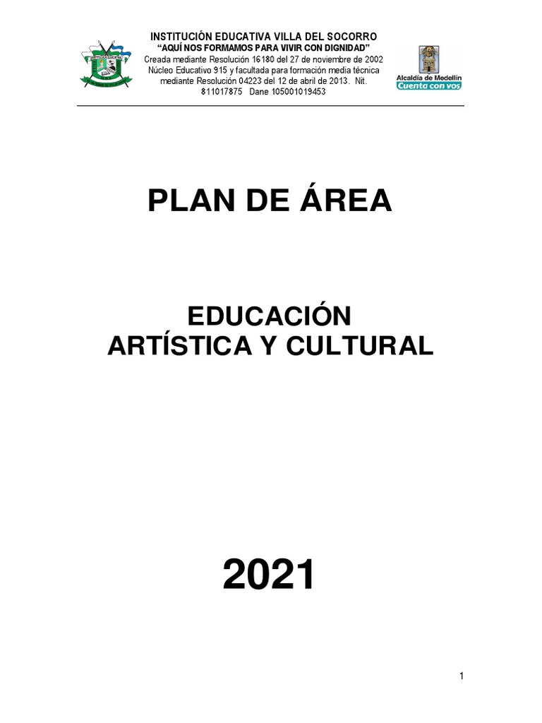 Plan de Area de Educacion Artistica 2021 | PDF | Educación en artes ...