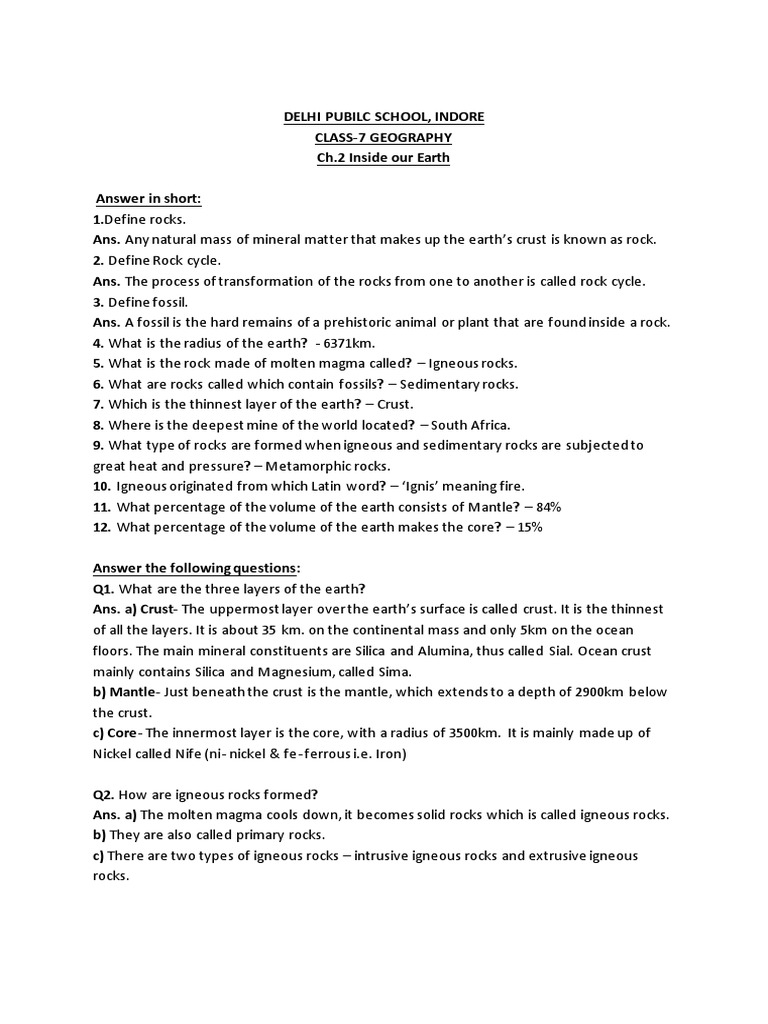 Class 7 Geography Chapter 2 Inside Our Earth Pdf Rock Geology