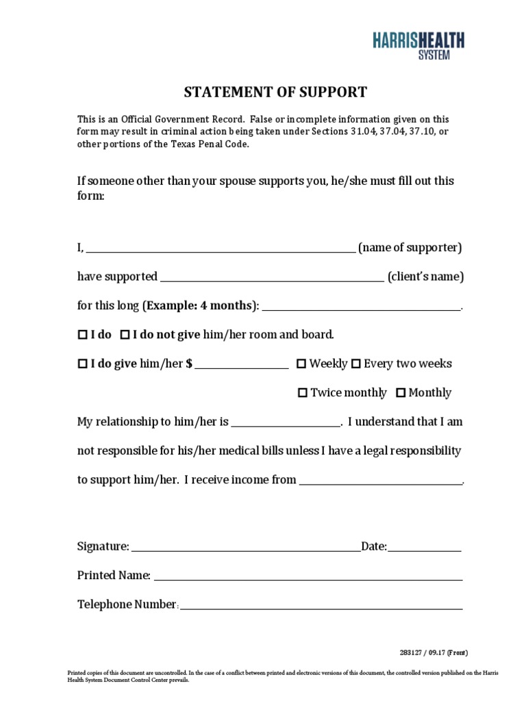 Texas Financial Support Statement Form | PDF