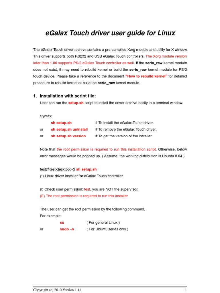 Egalax Touch Driver User Guide For Linux 1. Installation With Script
