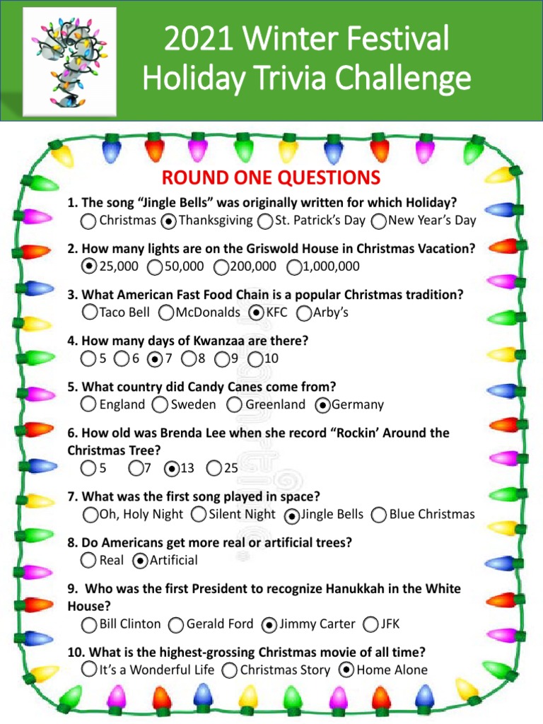 Winter Festival Holiday Trivia Challenge - Round 1 | PDF | Christmas | December Observances for Free Printable Winter Trivia Questions And Answers Printable