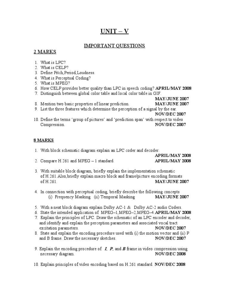 Unit - V: Important Questions 2 Marks | PDF
