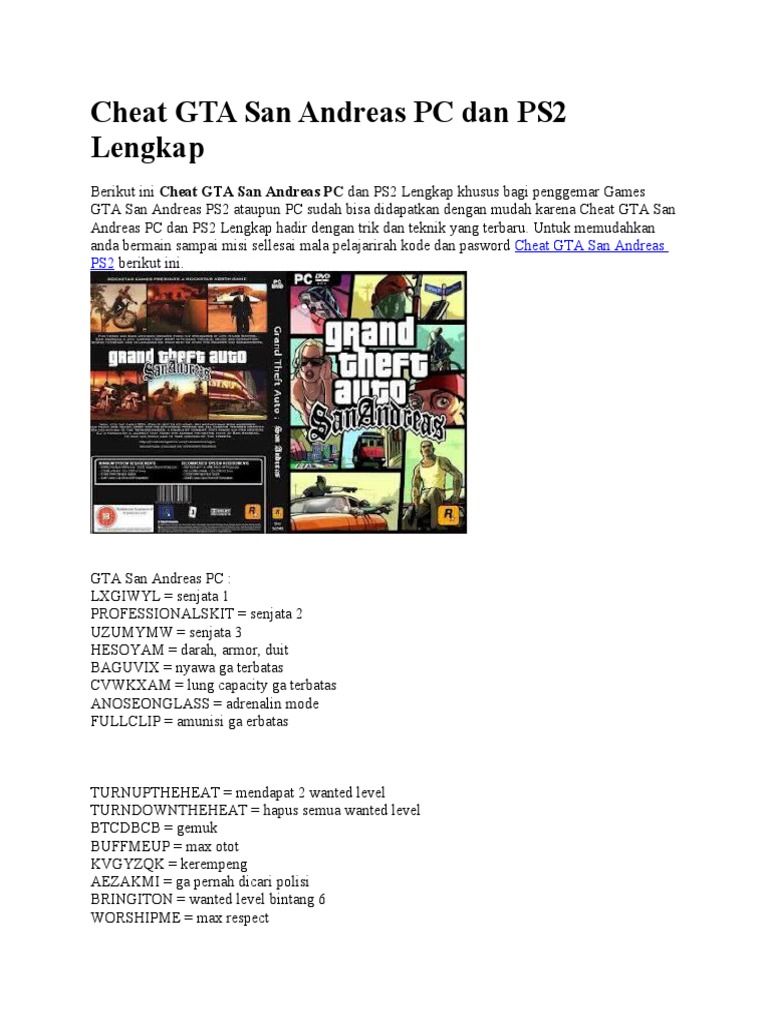 Cheat GTA San Andreas PC Dan PS2 Lengkap | PDF