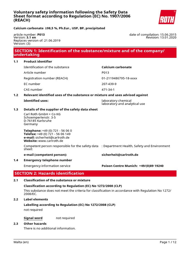 MSDS Calcium Carbonate PDF Dangerous Goods Toxicity