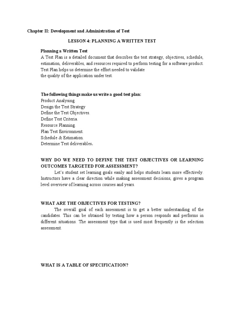 Planning a Written Test Overview | PDF | Educational Assessment ...