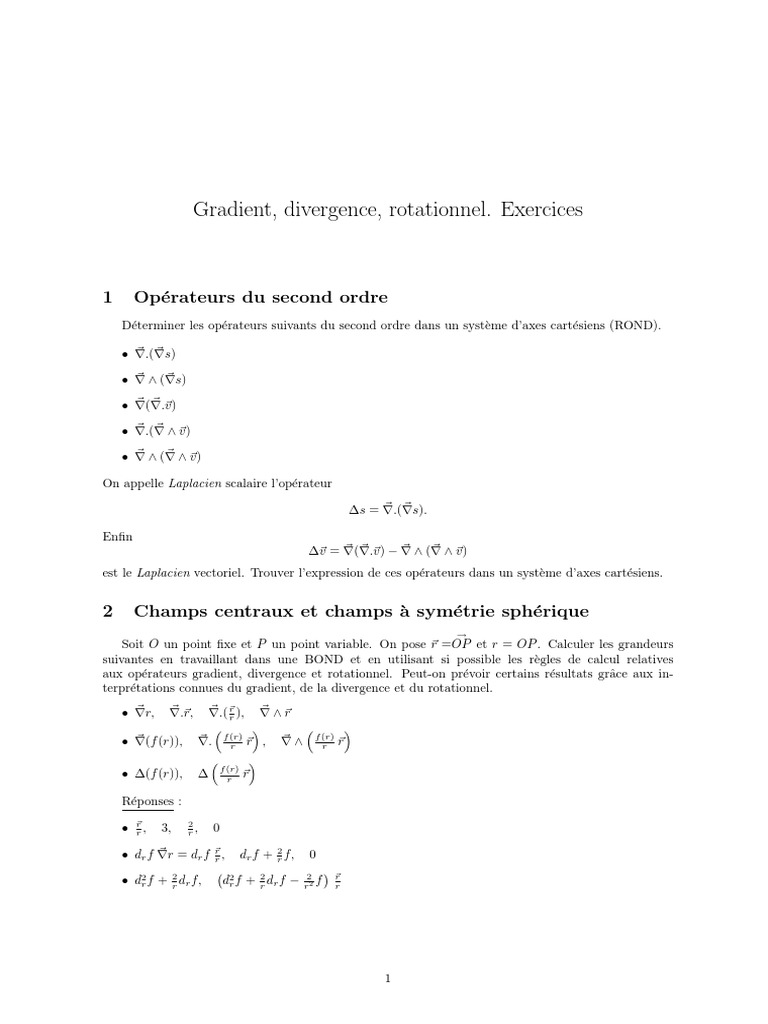 Exercices sur gradient et rotationnel PDF Divergence (analyse — free download