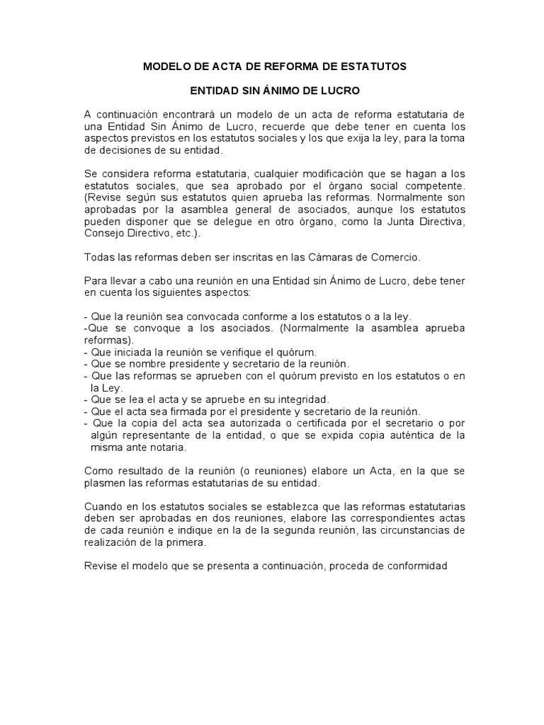 Modelo Acta de Reforma de Estatutos | PDF | Quórum | Gobierno