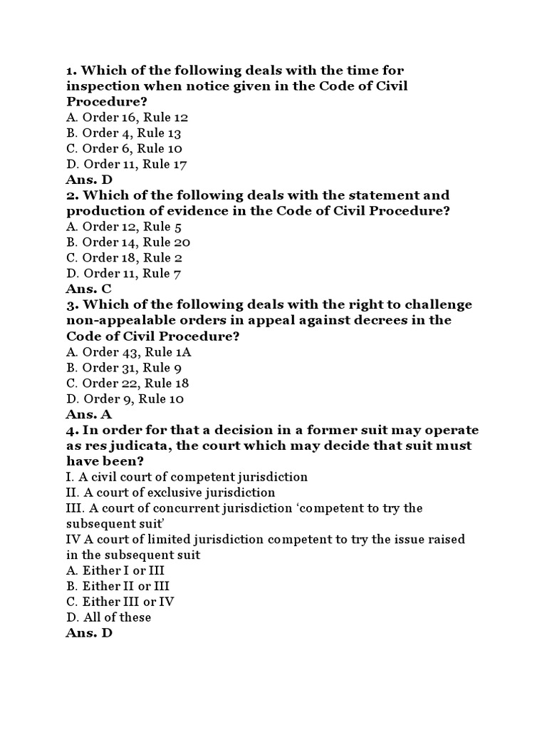 Civil Procedure Code MCQ | PDF | Lawsuit | Res Judicata