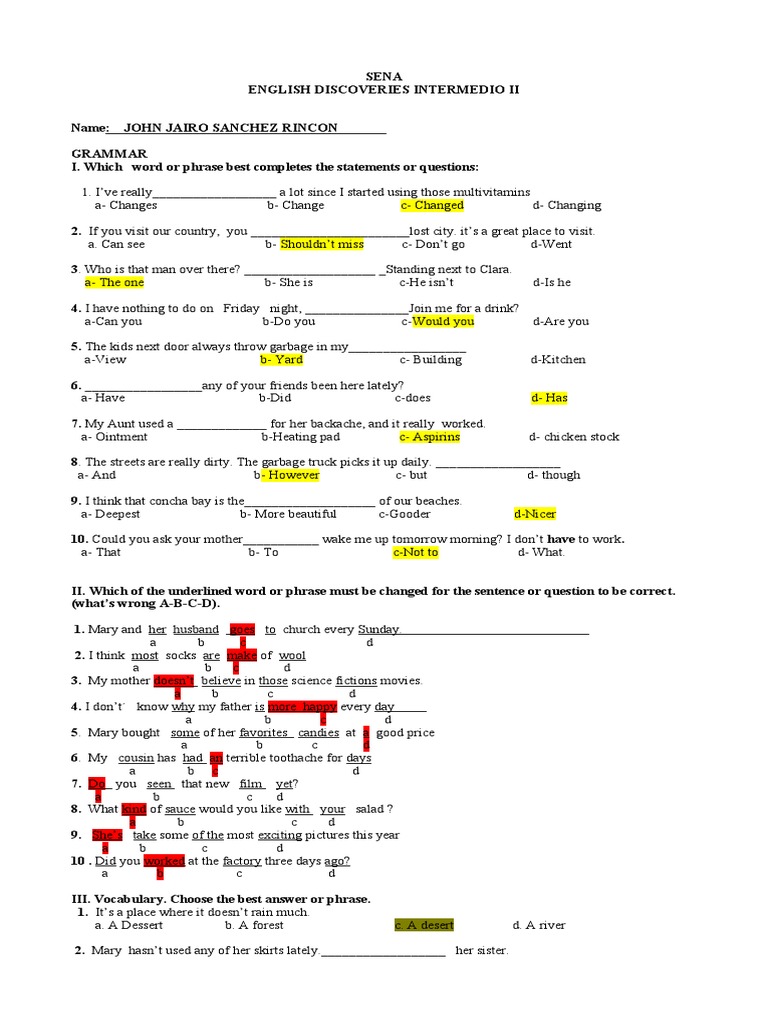 TEST English Discoveries Intermedio | PDF