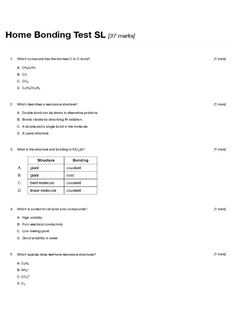 Bonding Tests and Answers PDF Chemistry