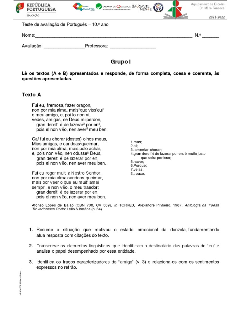 1.º Teste - Turma - B | PDF | Vida | Humano