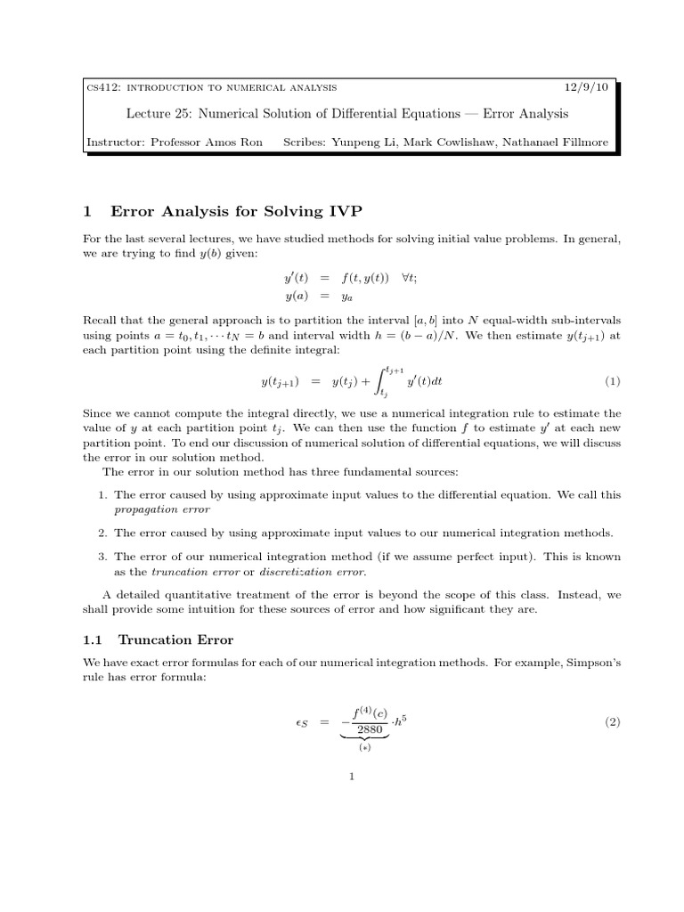 1 Error Analysis For Solving IVP Lecture 25 Numerical Solution of