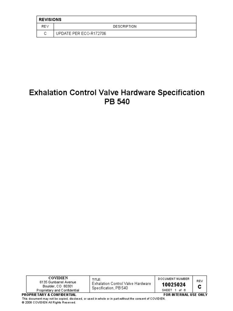 10025024C00 Exhalation Control Valve Hardware Specification, PB 540 PDF Vacuum Tube Valve