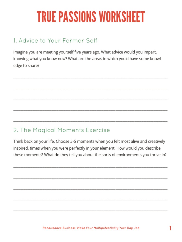 True Passions Worksheet: 1. Advice To Your Former Self | PDF