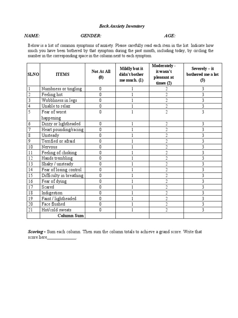 Beck Anxiety Inventory Name: Gender: Age | Download Free PDF | Anxiety ...