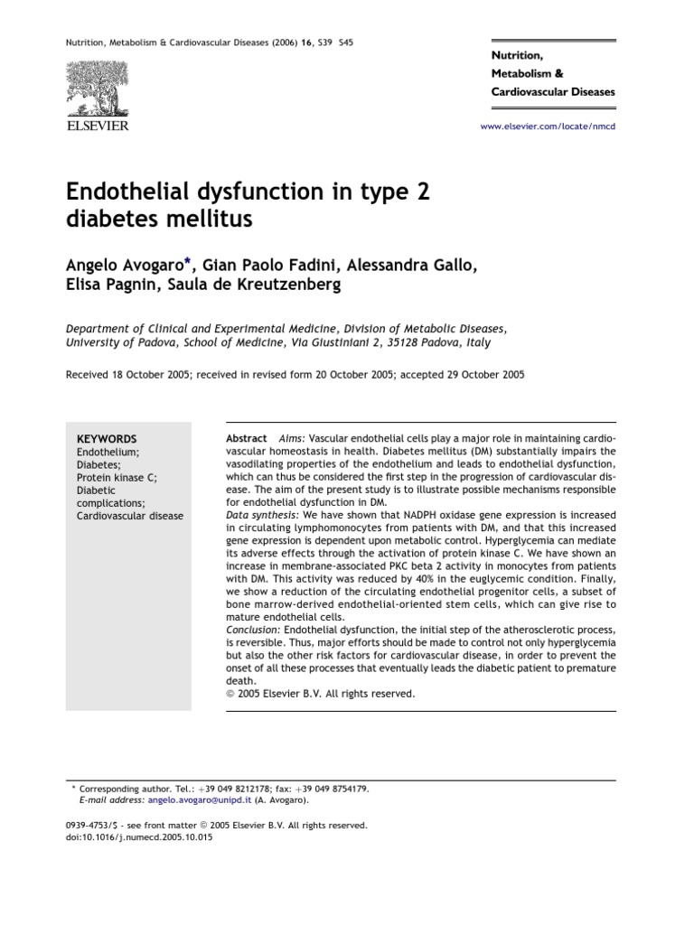 Endothelial Dysfunction in Type 2 Diabetes Mellitus | PDF | Wellness