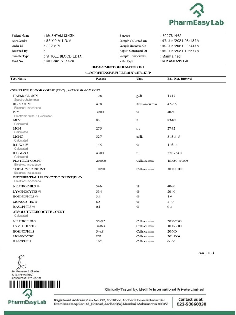 Department of Hematology Comprehensive Full Body Checkup Test Name Result Unit Bio. Ref