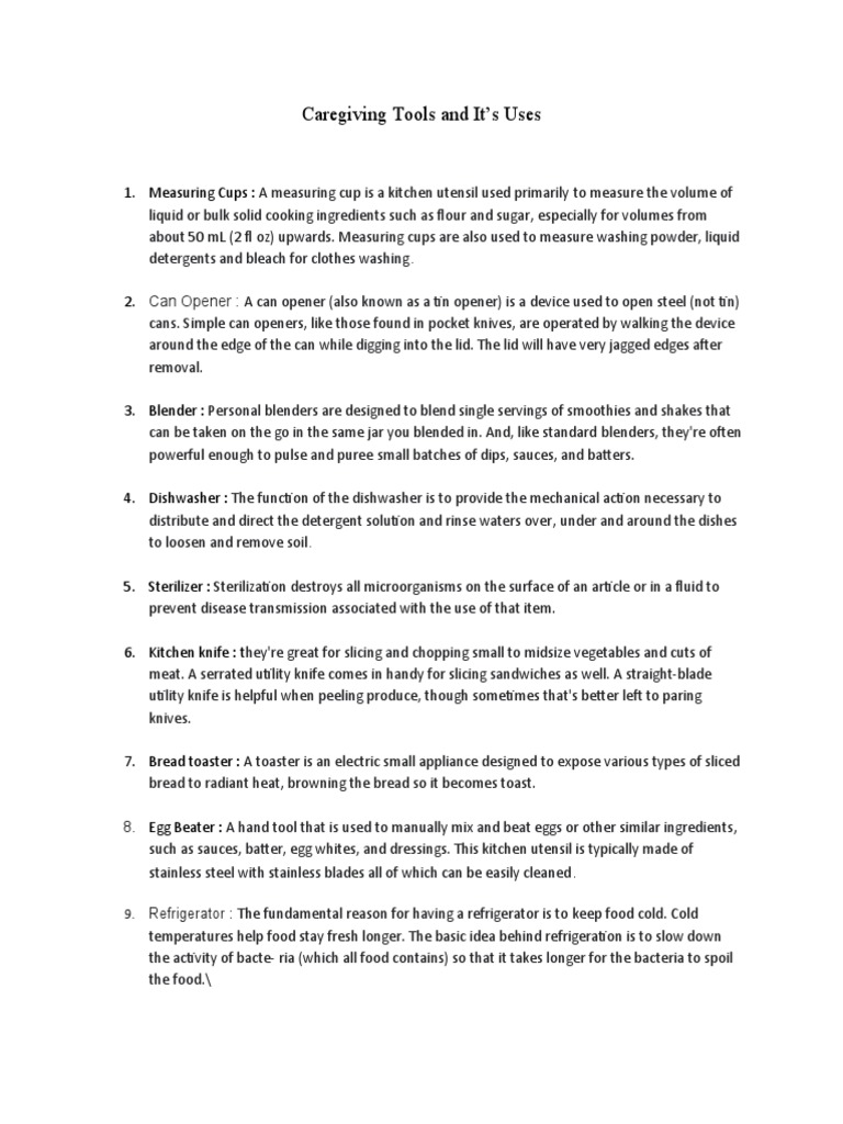 Caregiving tools and their uses PDF Knife Dishwasher