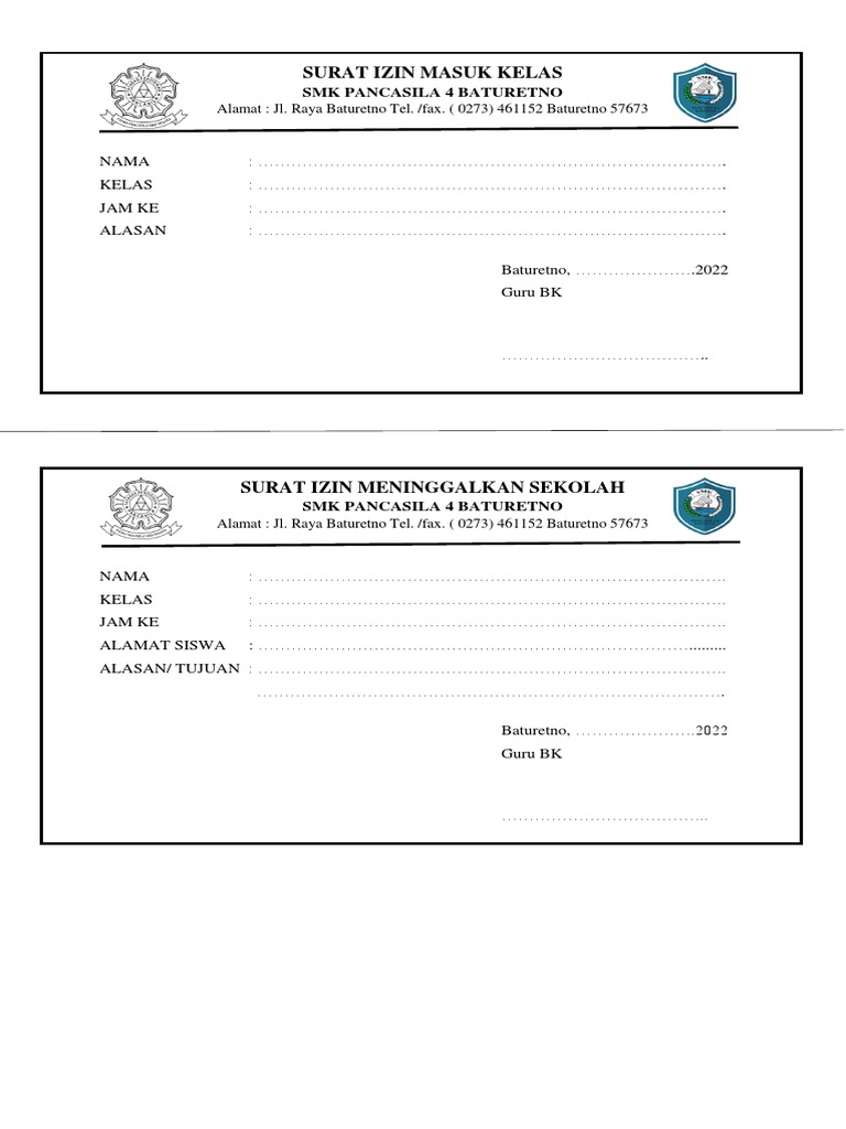 Surat Izin Masuk Kelas | PDF