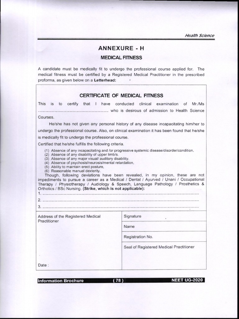 Medical Fitness Certificate ANNEXURE H PDF