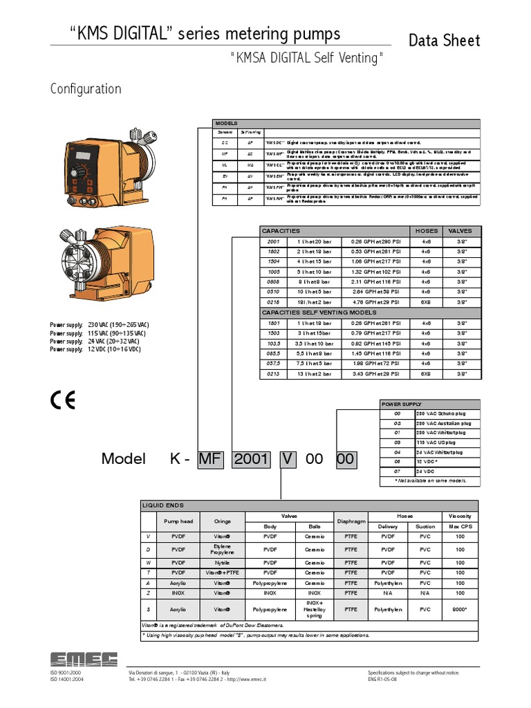 "KMS DIGITAL" Series Metering Pumps Data Sheet PDF Equipment Chemistry