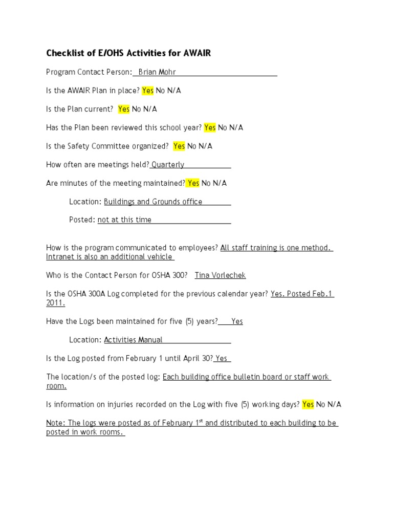 Checklist of E/OHS Activities For AWAIR | PDF | Labour Law | Employment ...