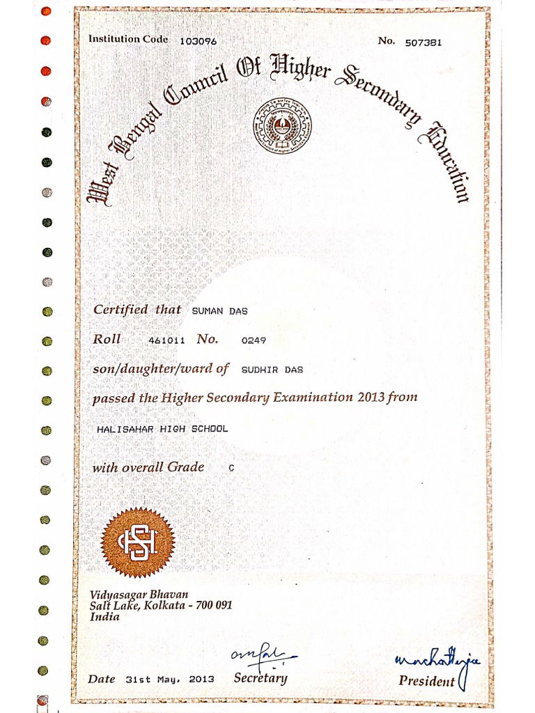 12 TH Certificate - Suman Das | PDF