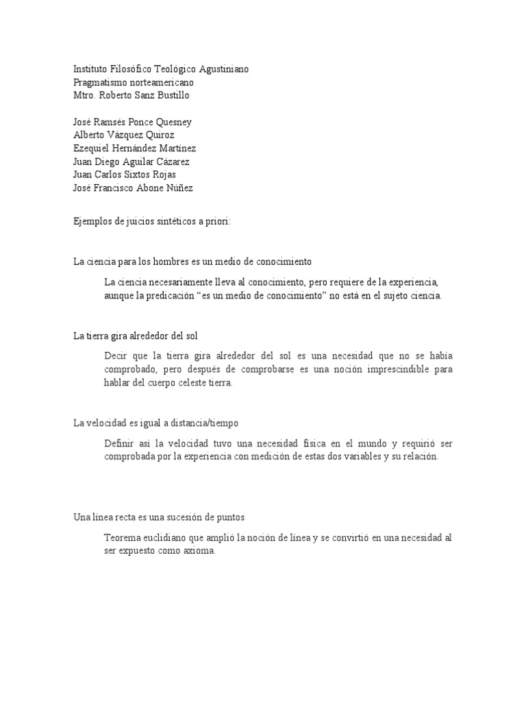 Ejemplos de Juicios Sintéticos A Priori PDF