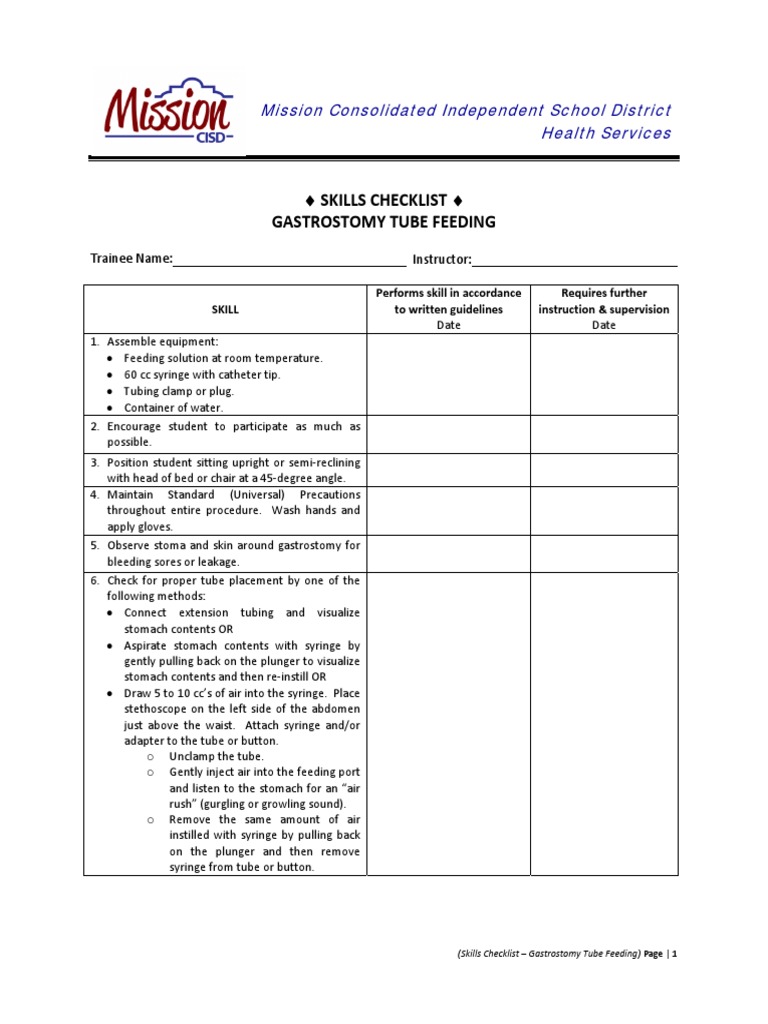 Skills Checklist Gastrostomy Tube Feeding PDF Syringe Medical Specialties