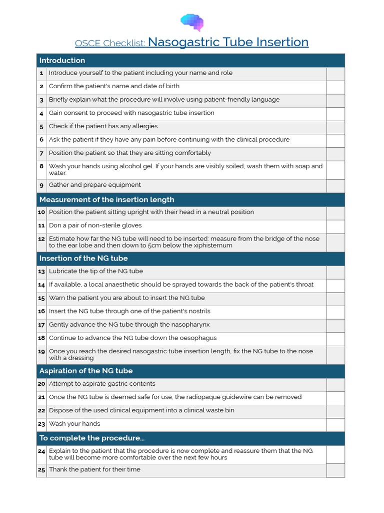OSCE Checklist Nasogastric NG Tube Insertion PDF