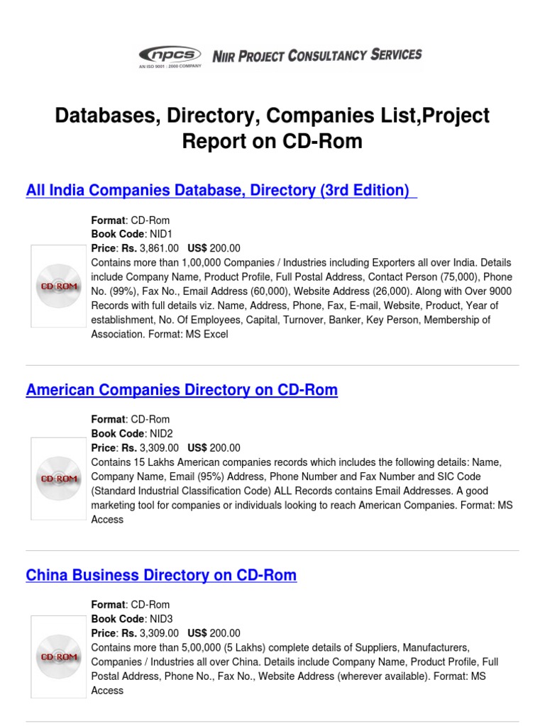 Databases, Directory, Companies List, Project Report On CDRom