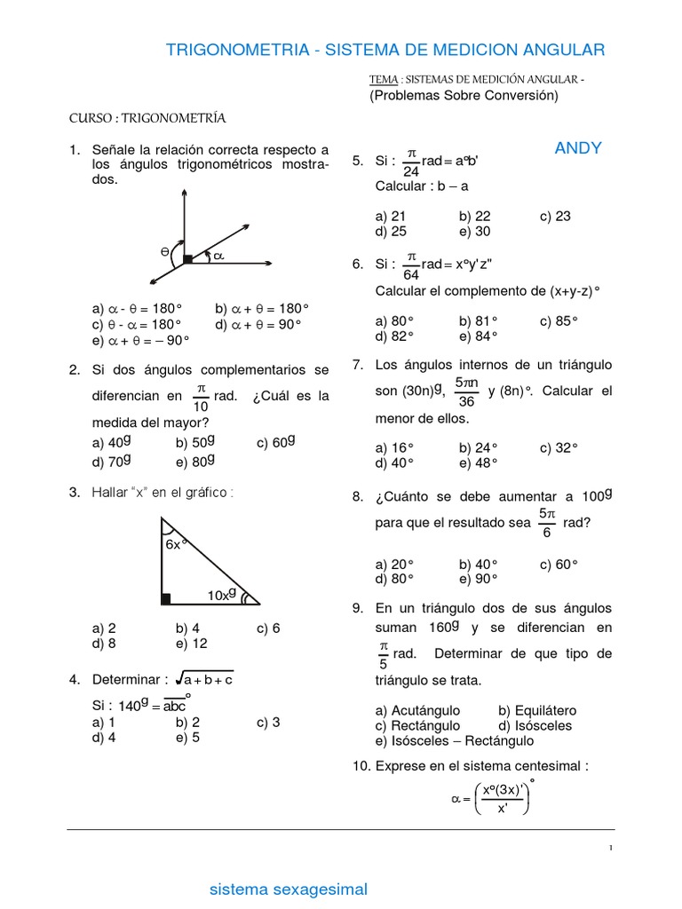 Ejercicios de Sistemas de Medición Angular | PDF | Matemáticas | Ángulo