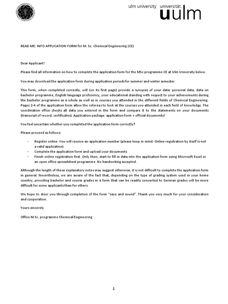 MSc Chemical Engineering Application Guide | PDF | Course Credit
