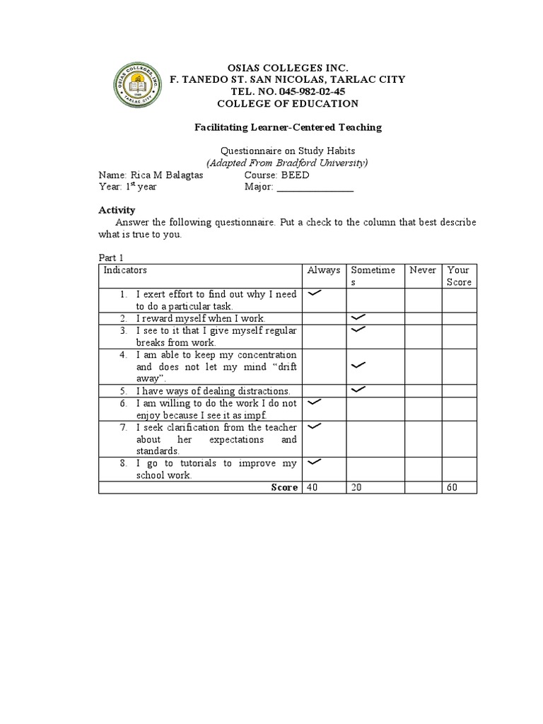 Study Habits Questionnaire for Students | PDF | Essays | Applied Psychology