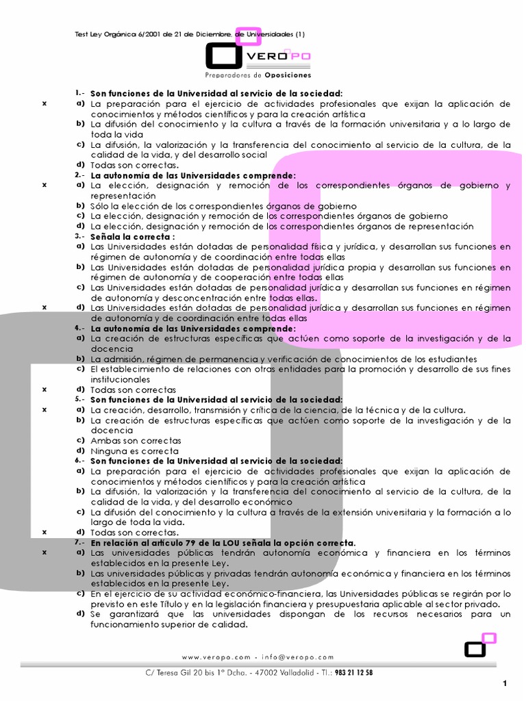 Test Ley Orgánica 6 2001 de 21 de Diciembre de Universidades 1
